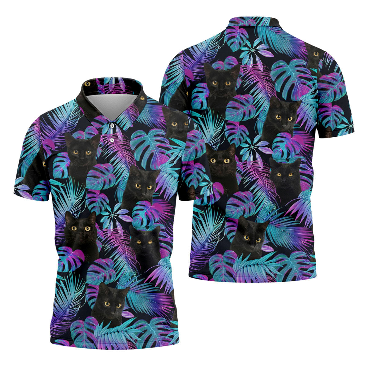 Funny Black Cat Purple Blue Gradient Hawaiian Golf Shirt, Golf Shirts For Men