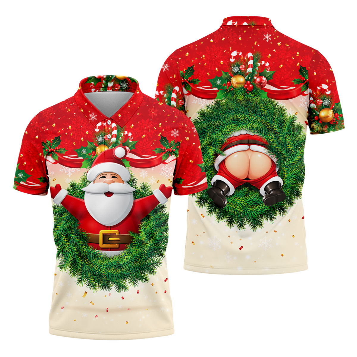 Festive Christmas Santa Wreath Golf Polo Shirt, Mens Golf Polo, Golf Shirts For Men