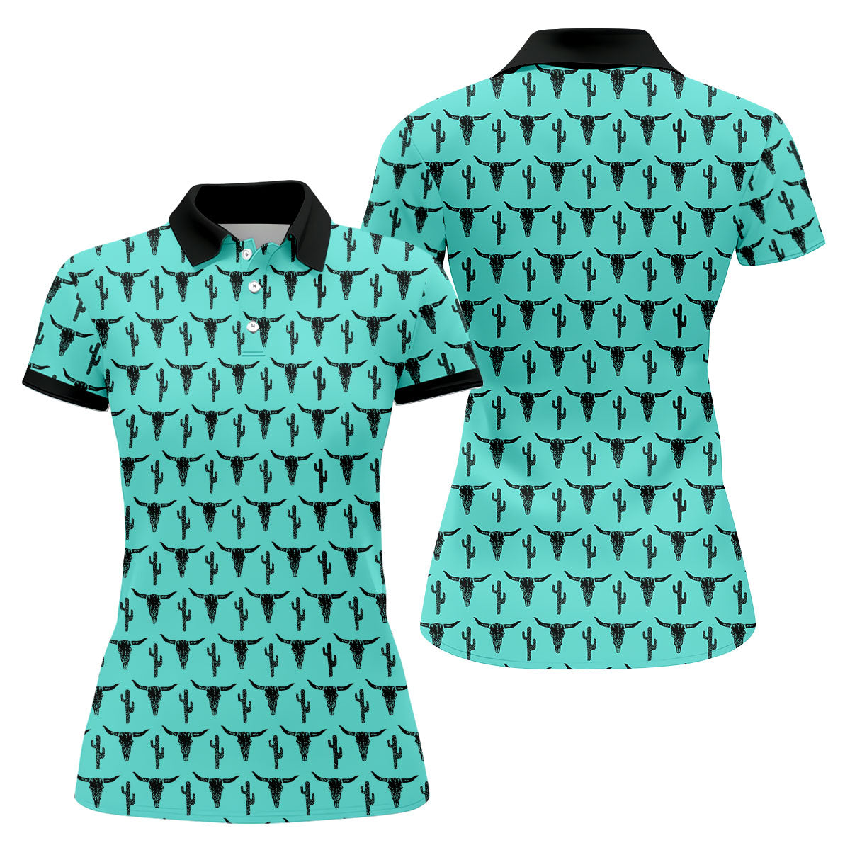 Longhorn Cow Skull Western Theme Peacock Blue Women Golf Top, Ladies Golf Shirts, Golf Shirt For Women