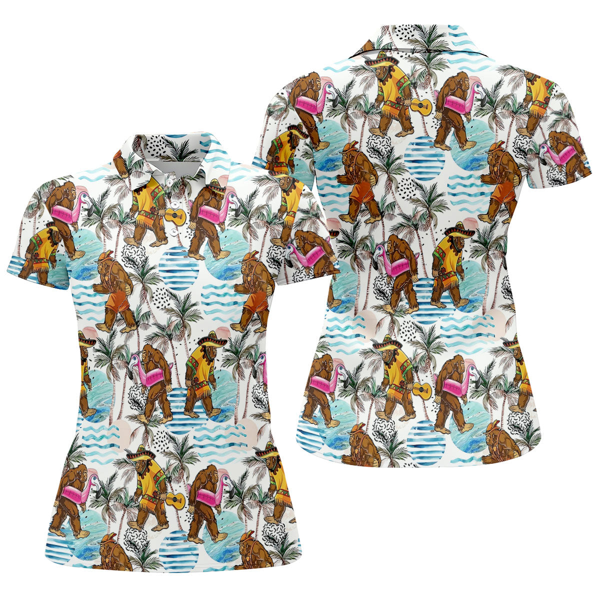 Bigfoot With Flamingo Float And Guitar Tropical Pattern Hawaiian Golf Polo, Golf Tops For Women, Golfing Apparel