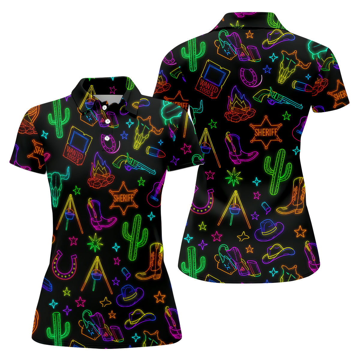 Neon Western Cowboy Pattern Golf Polo Shirt, Ladies Golf Shirts, Women's Golf Polo