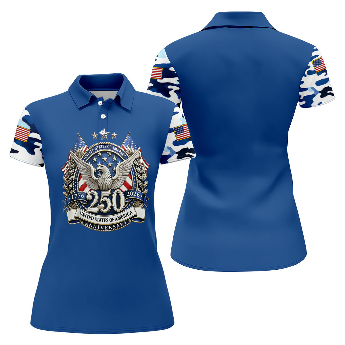 Patriotic Bald Eagle Blue And White Camo Blue Golf Shirt, 250th Anniversary Women's Golf Shirts