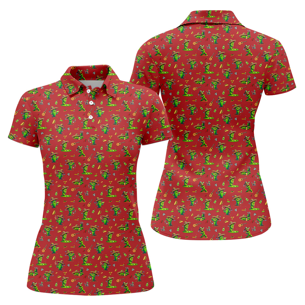 Cartoon Mustach Funny Cactus Cinco De Mayo Celebration Fiesta Themed Red Golf Shirt For Women