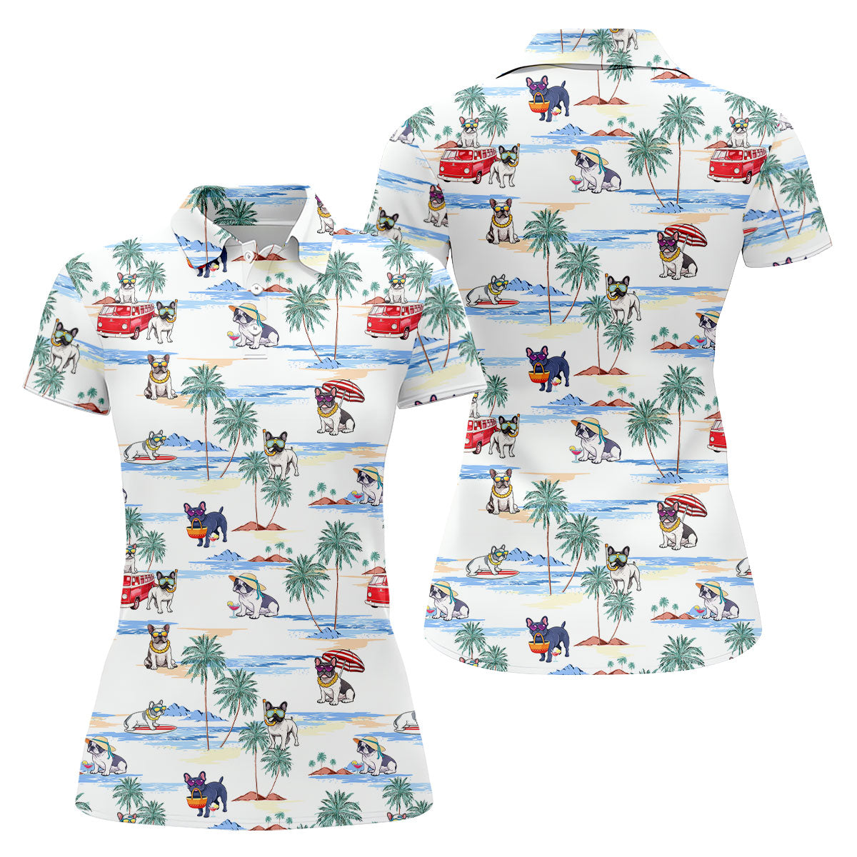 French Bulldog Beach Vacation Hawaiian Golf Polo Shirt, Ladies Golf Tops, Golf Polo For Women
