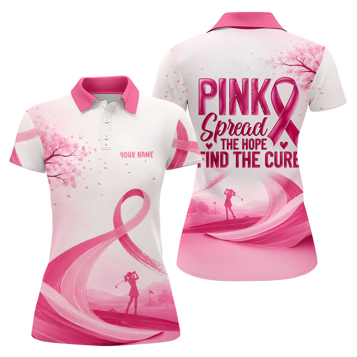 Custom Pink Spread Hope Find Cure Breast Cancer Golf Polo Shirt, Ladies Golf Tops, Women’s Golf Polo