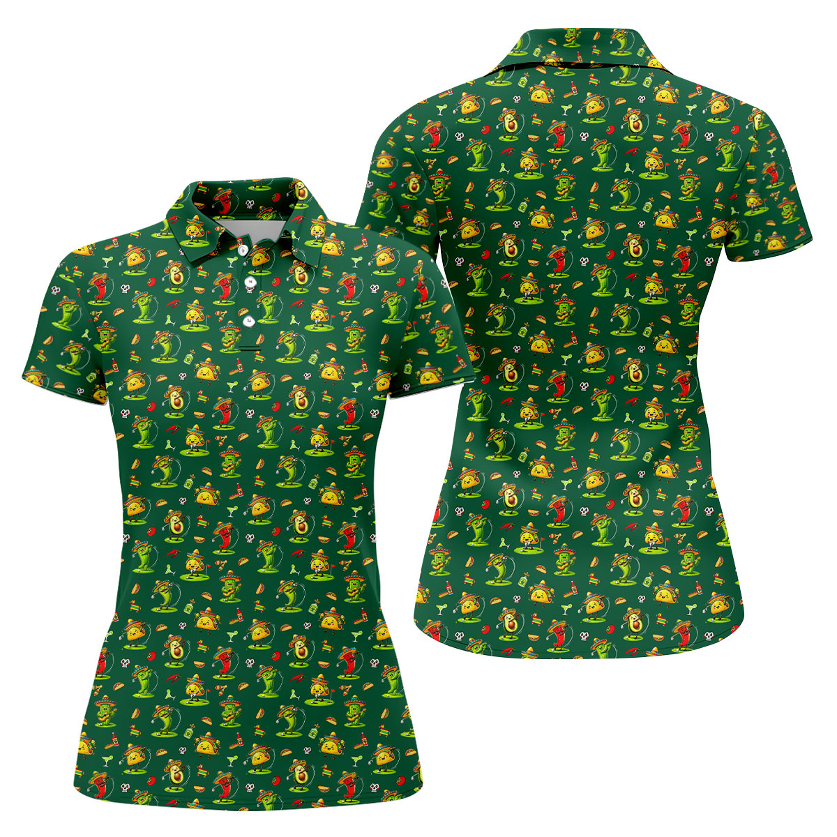 Mexican Cartoon Food Characters Cinco De Mayo Celebration Fiesta Themed Green Golf Shirt For Women