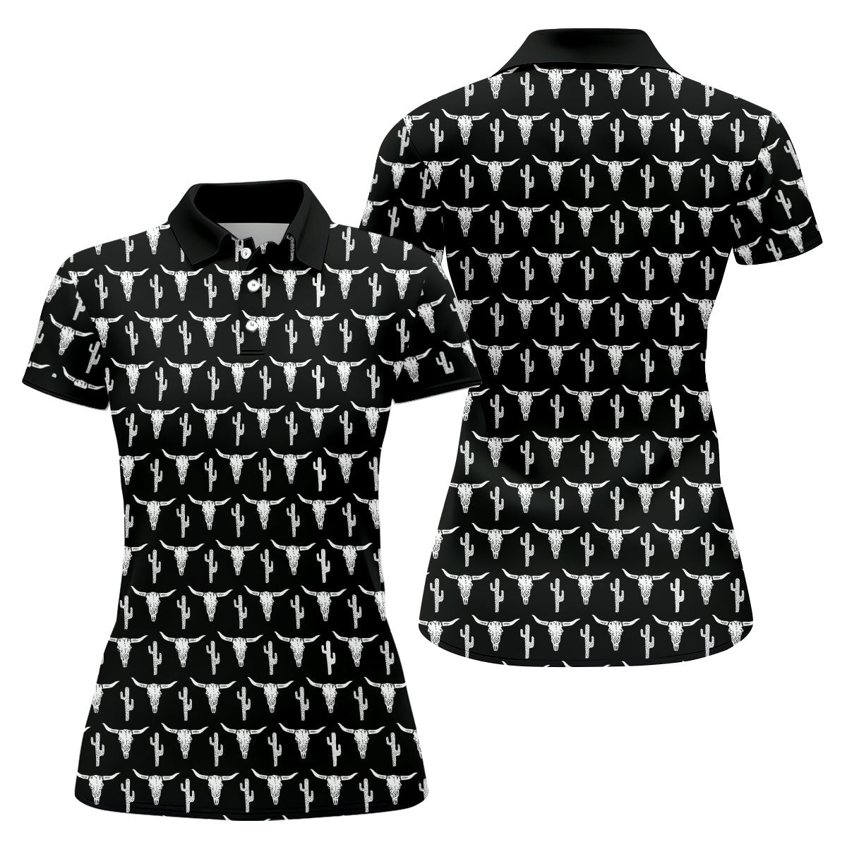 Longhorn Cow Skull Western Theme Black Women Golf Top, Ladies Golf Shirts, Golf Shirt For Women