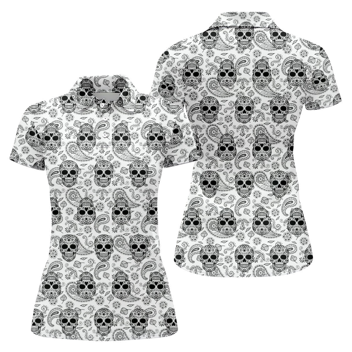 Sugar Skull Paisley Pattern Golf Polo Shirt, Ladies Golf Shirts, Women's Golf Apparel