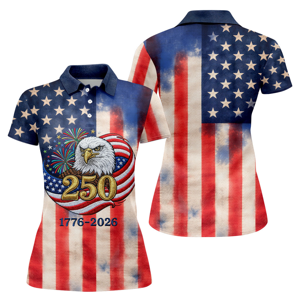 250 Years Bald Eagle US Flag Faded Color Retro Golf Shirt, Patriotic 4th Of July Golf Shirt For Women
