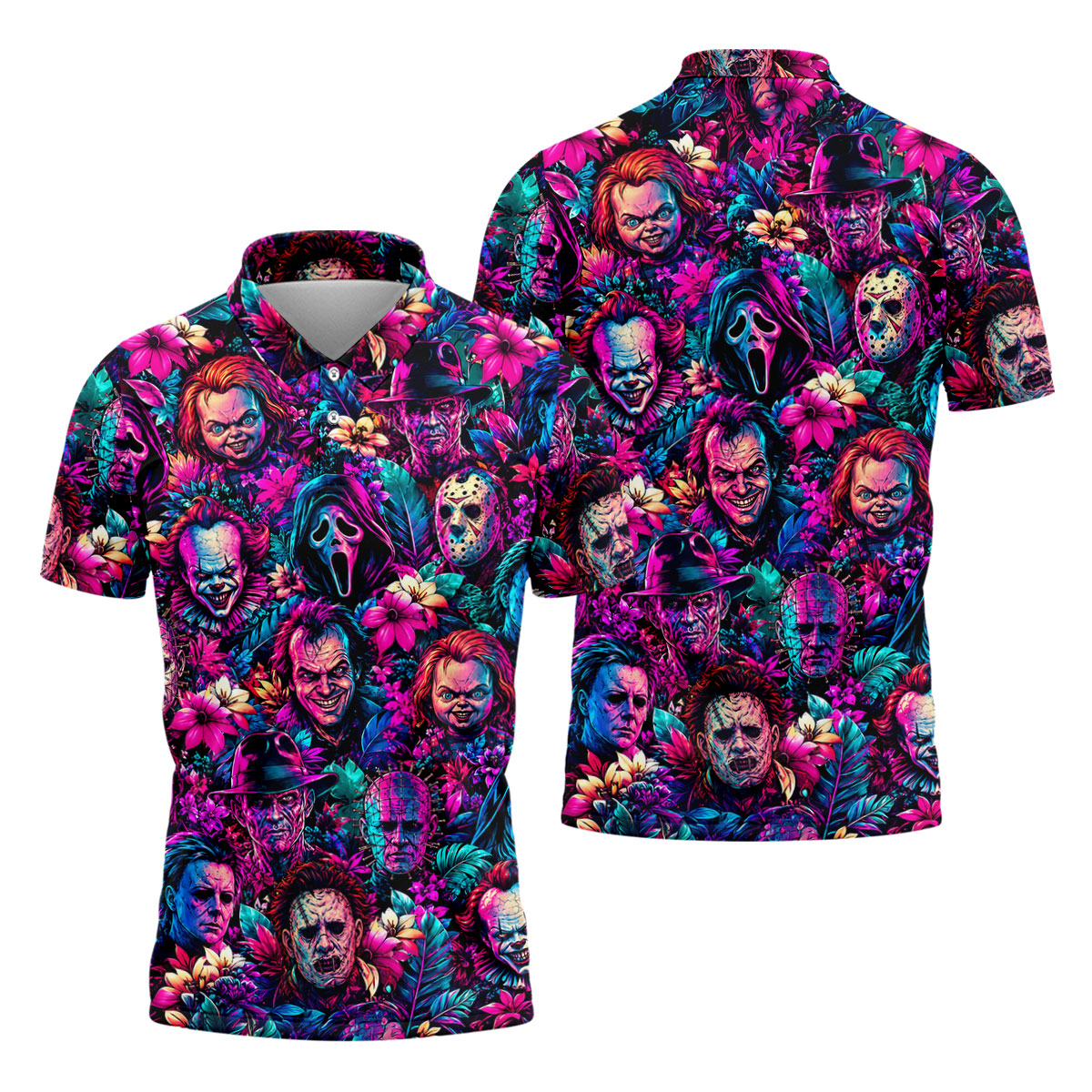 Neon Floral Horror Character Halloween Golf Shirt, Golf Shirts For Men, Mens Golf Apparel