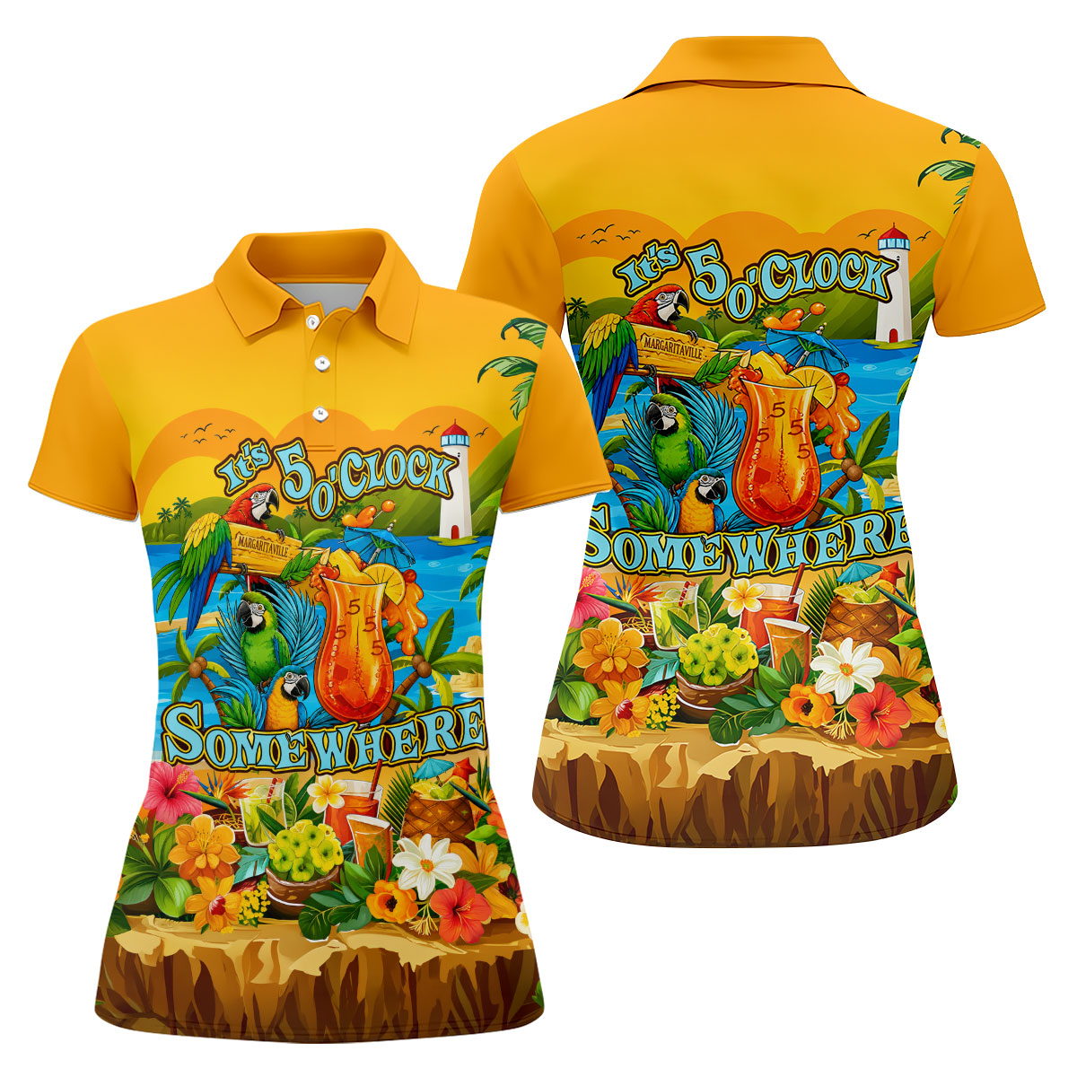 Golden Tropical Parrot Beach Cocktail Golf Polo Shirt, Golf Shirts For Women, Women's Golf Polo