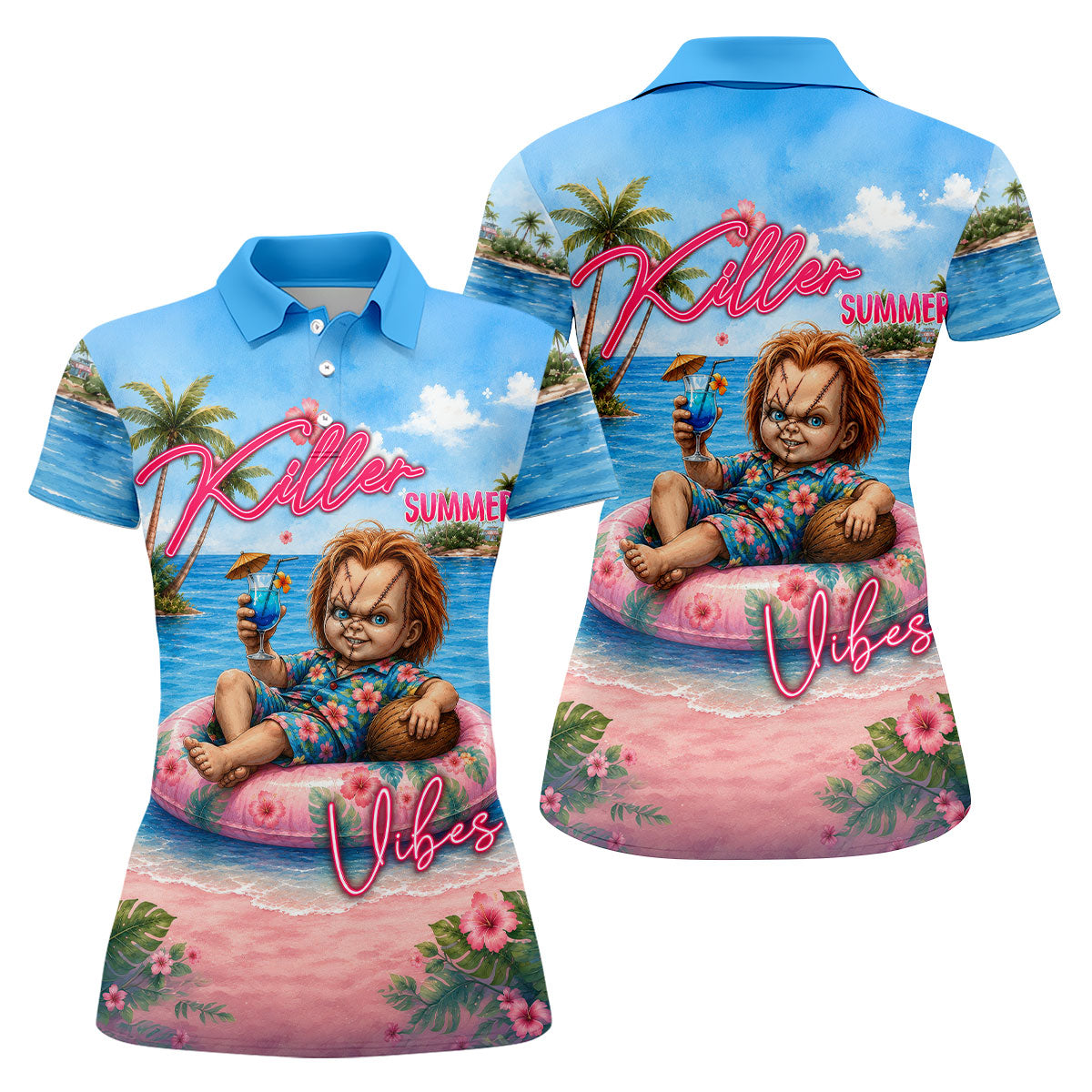 Killer Summer Vibes Evil Doll Golf Polo Shirt, Ladies Golf Shirts, Golf Polo For Women