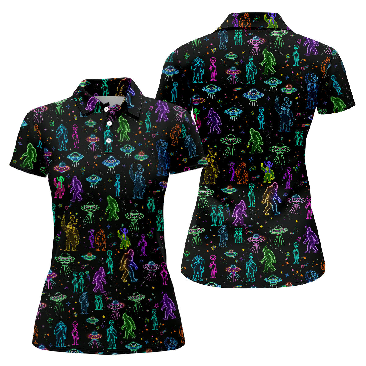 Neon Bigfoot Alien UFO Pattern Golf Polo Shirt, Women's Golf Tops, Golf Shirts For Women