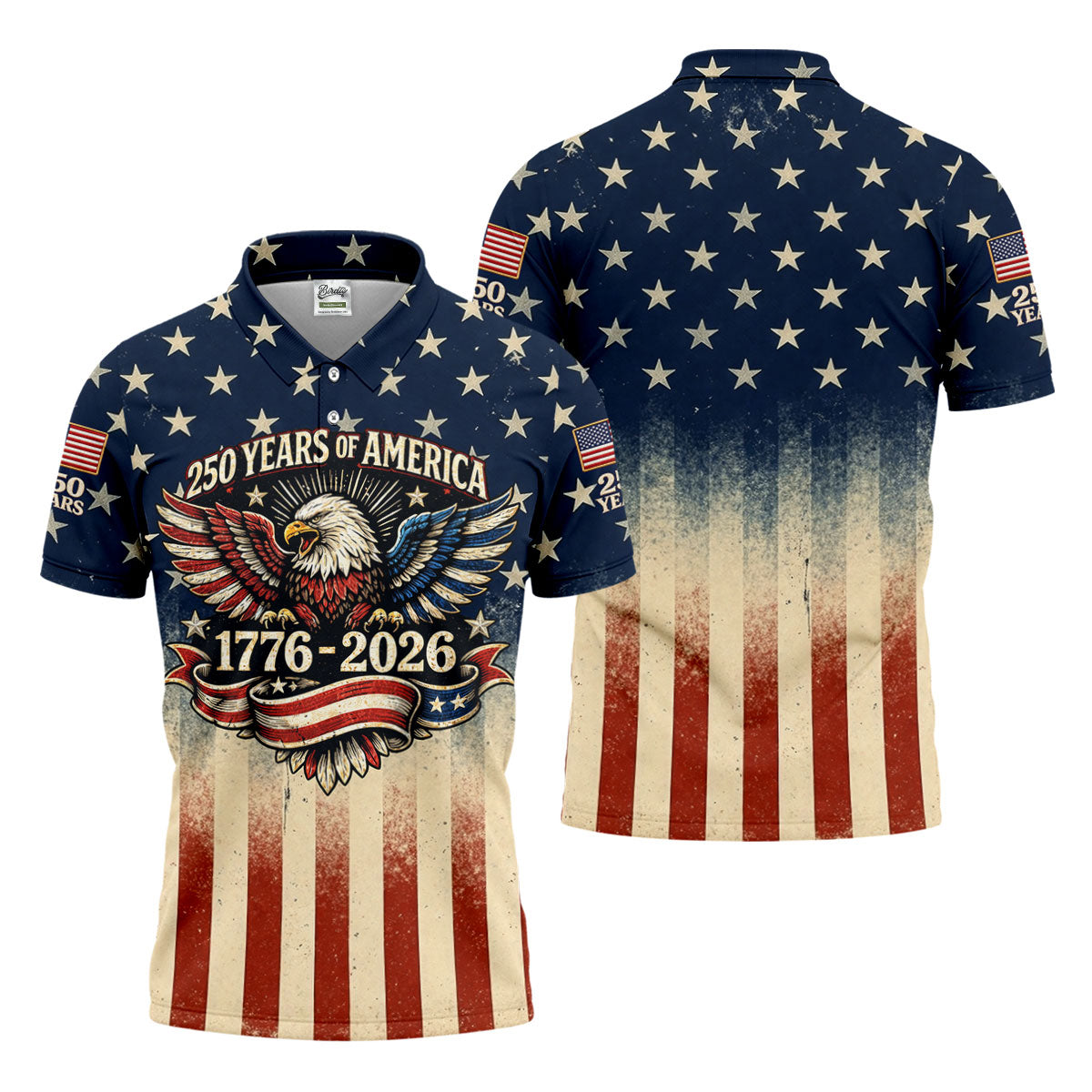 250 Years Bald Eagle US Flag Retro Golf Shirt, Patriotic 4th Of July Golf Shirts For Men