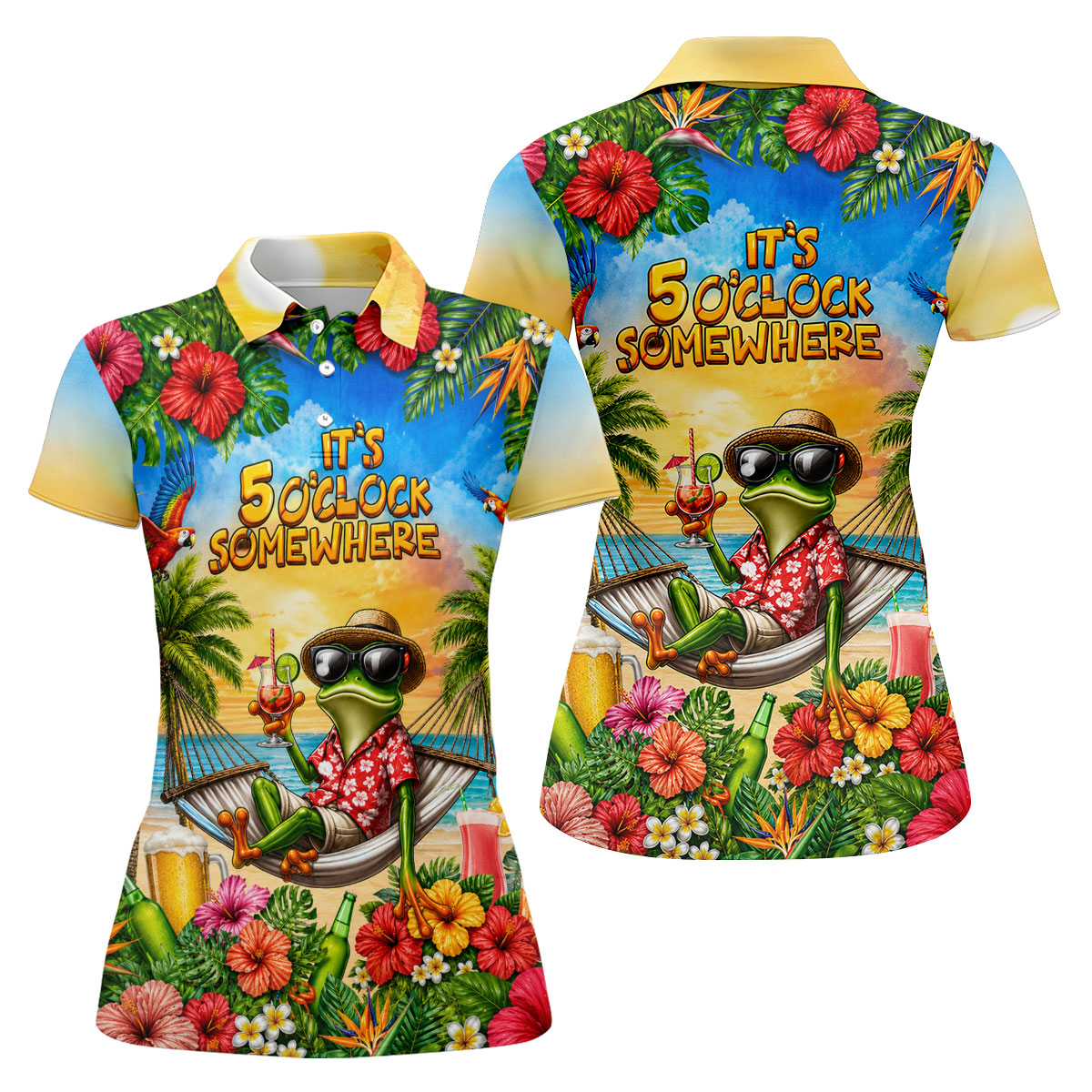 Funny Tropical Frog Drinking Hawaiian Golf Shirt, Golf Polo For Women, Printed Golf Shirt