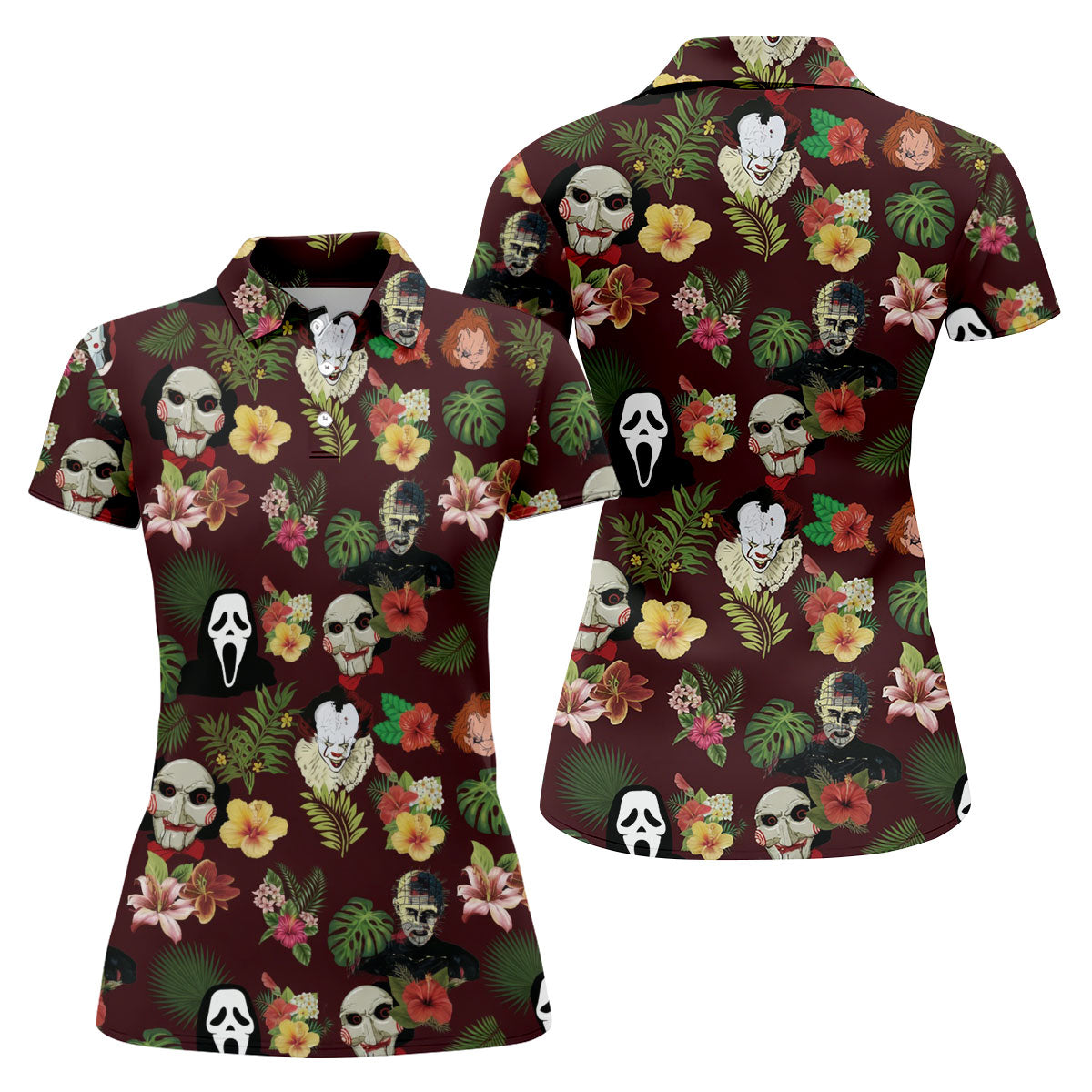 Floral Halloween Horror Character Hawaiian Golf Shirt, Women's Golf Tops, Golf Shirts For Women