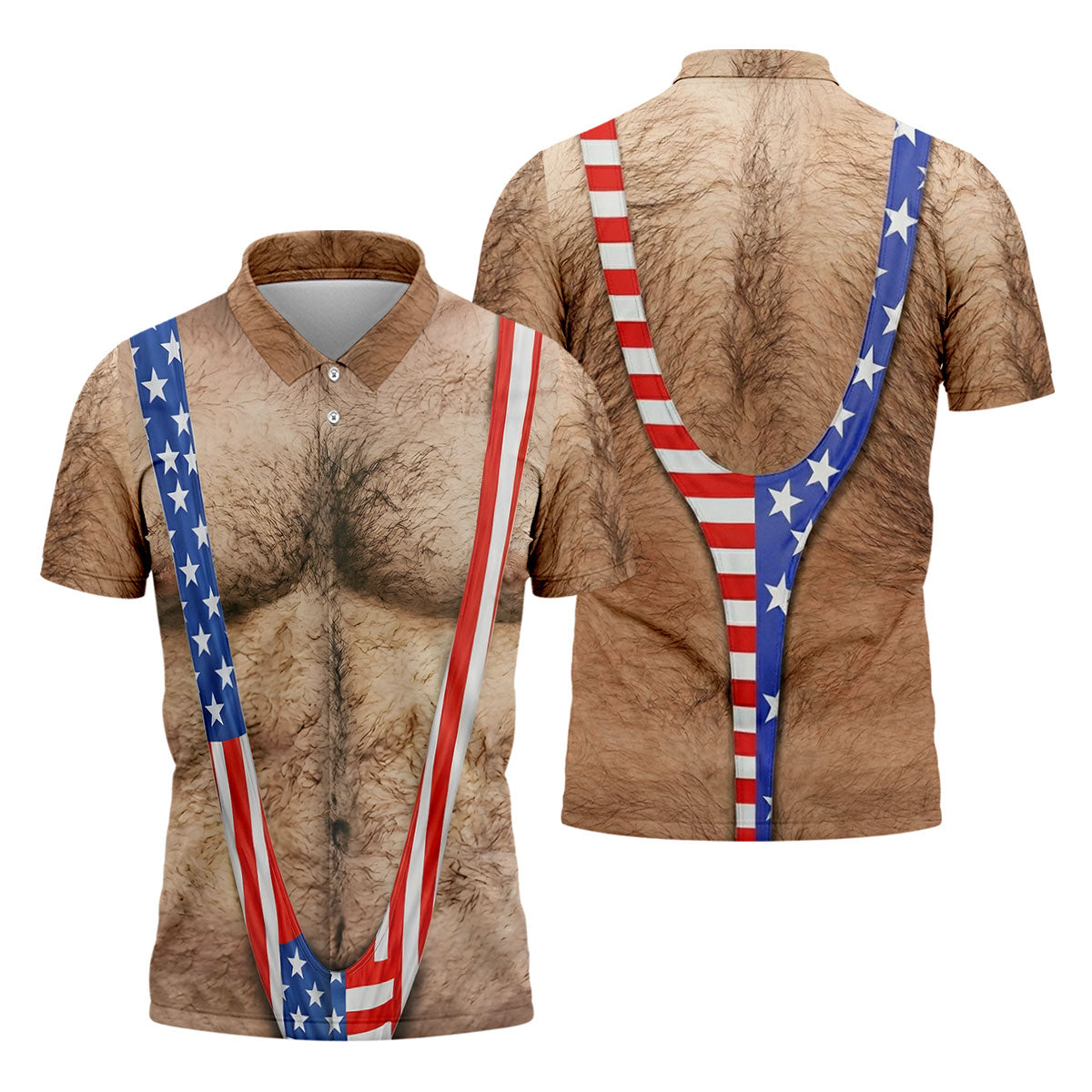 Hairy Body Funny Print Patriotic Golf Shirt, 250th Anniversary 4th Of July Golf Shirts For Men