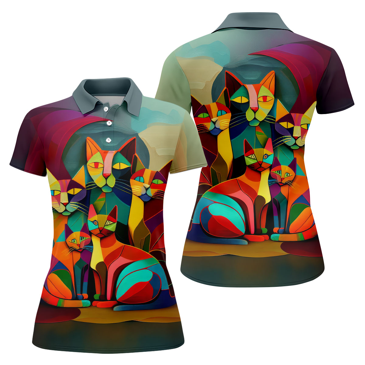 Abstract Colorful Cat Halloween Golf Polo Shirt, Women's Golf Tops, Golf Polo For Women