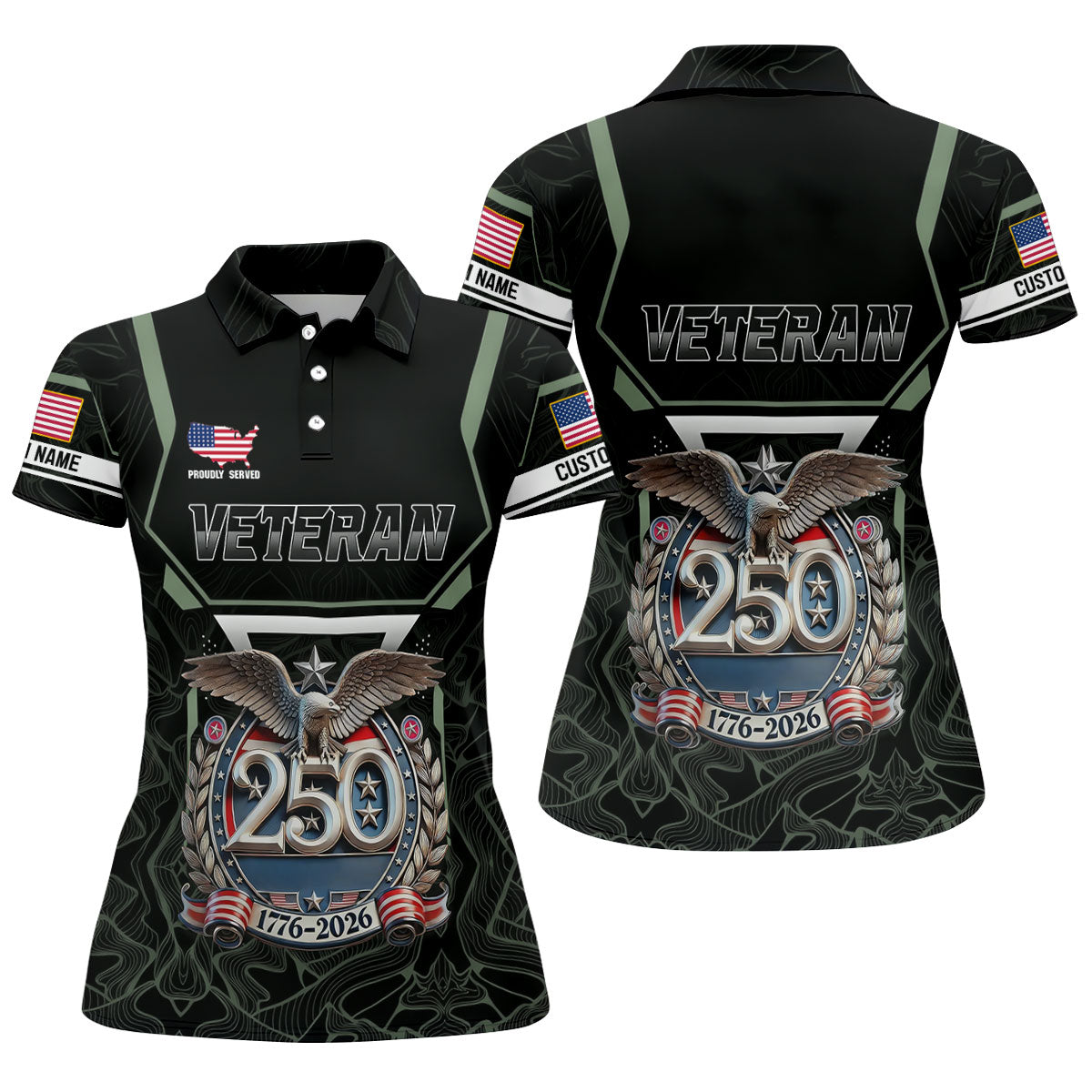 Personalized Veteran America 250 Polo Shirt Gray Accent, Women’s Golf Polo, Ladies Golf Shirts