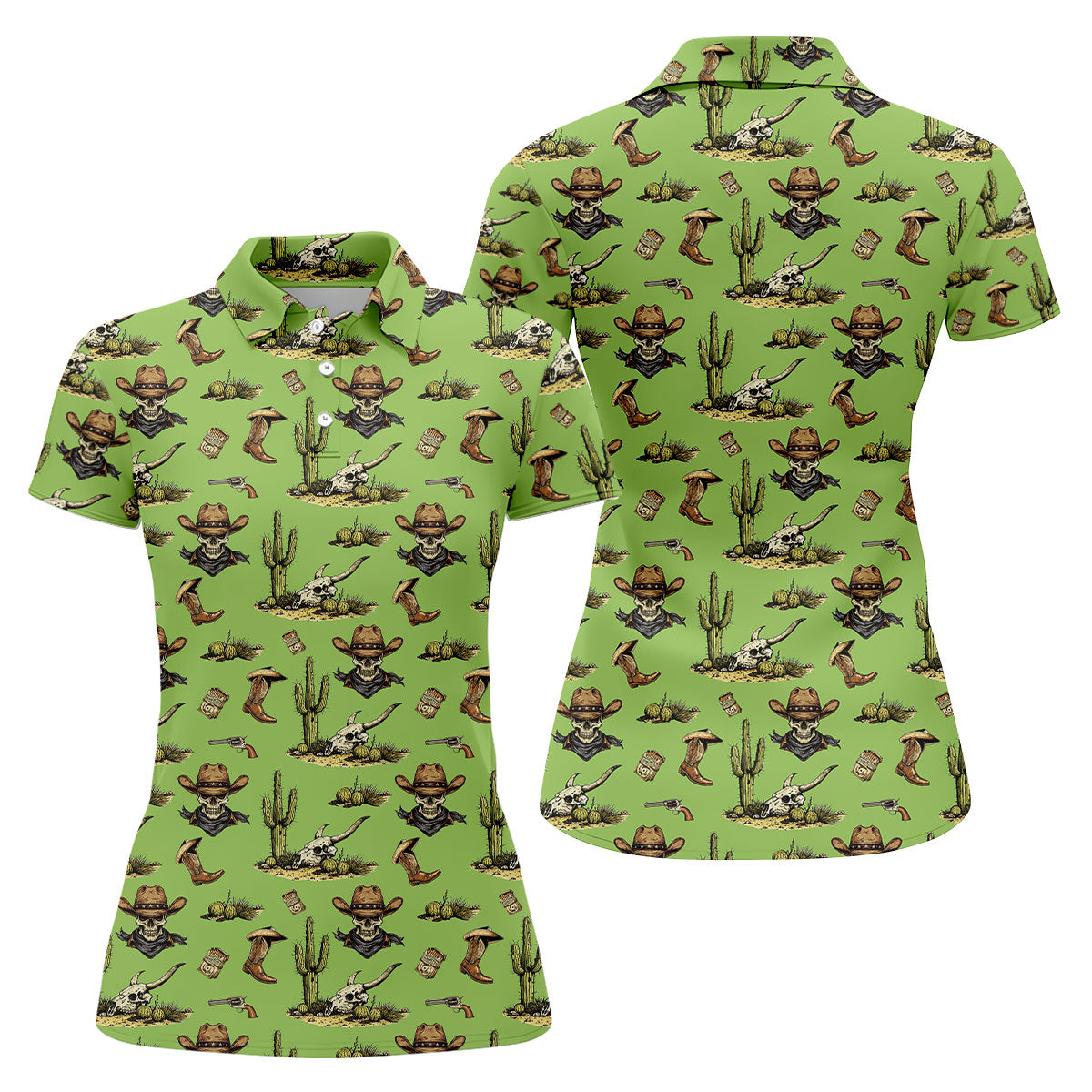 Cowboy Skeleton Longhorn Cow Skull Western Theme Sage Green Ladies Golf Shirts, Golf Shirt For Women