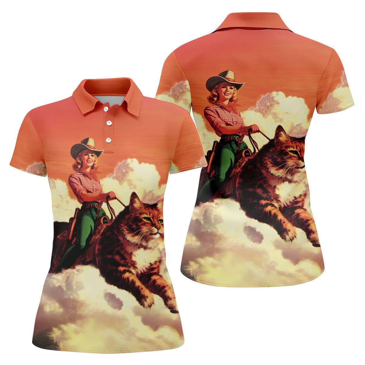 Orange Vintage Cowgirl Riding Giant Cat Golf Polo Shirt, Women's Golf Polo, Golf Shirts For Women