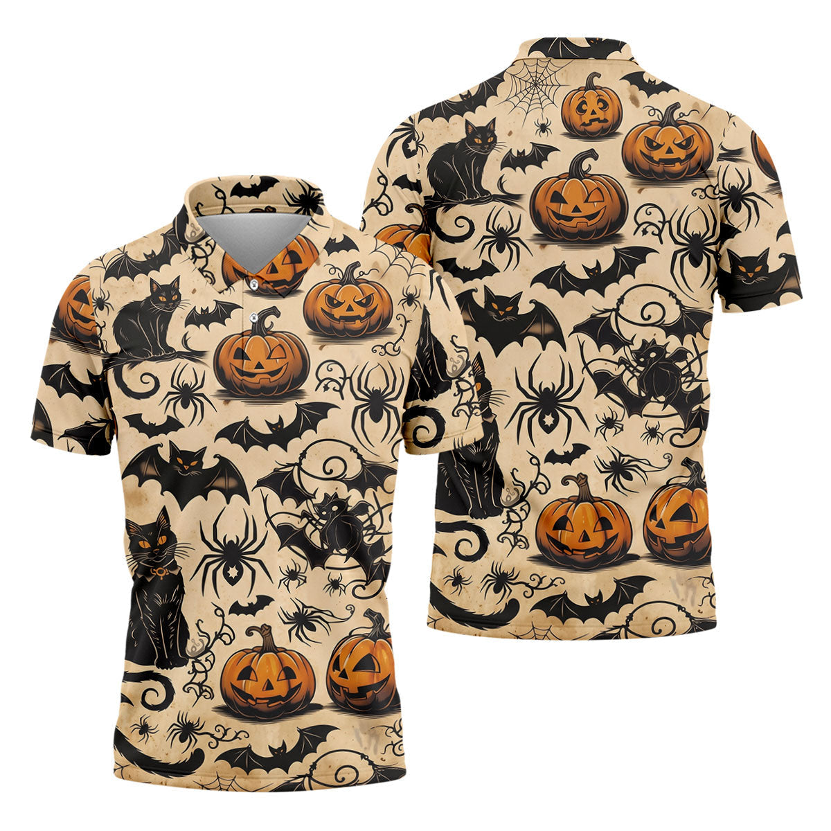 Vintage Halloween Cat Pumpkin Pattern Golf Polo Shirt, Mens Golf Polo, Hawaiian Golf Shirt