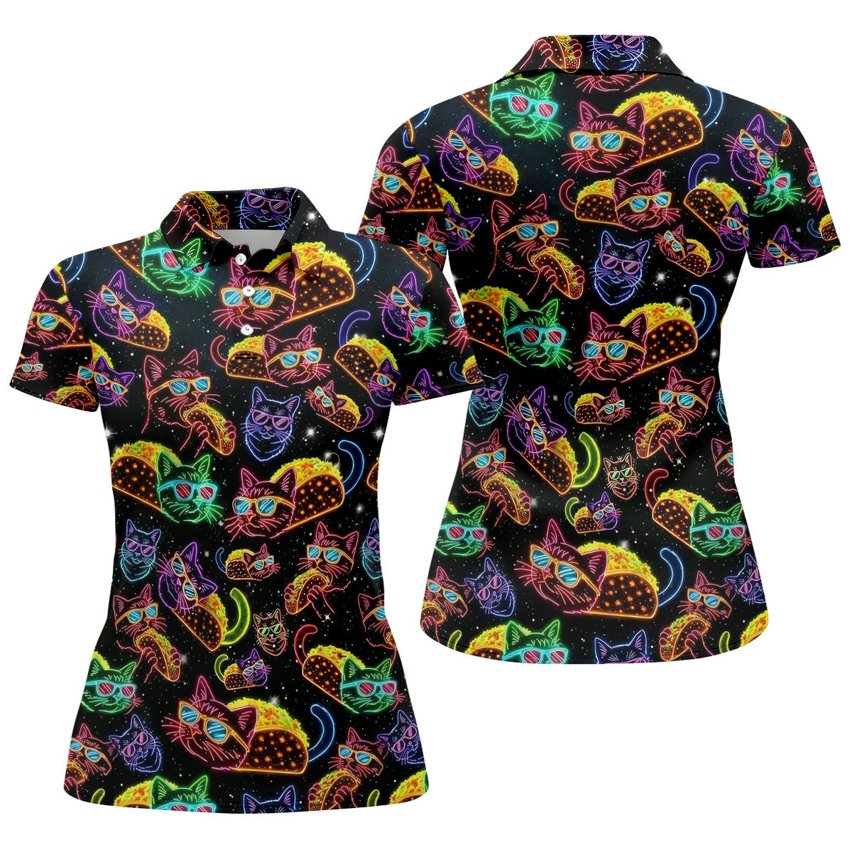 Neon Cat Taco Fiesta Time Hawaiian Golf Shirt, Cinco De Mayo Celebration Golf Shirt For Women