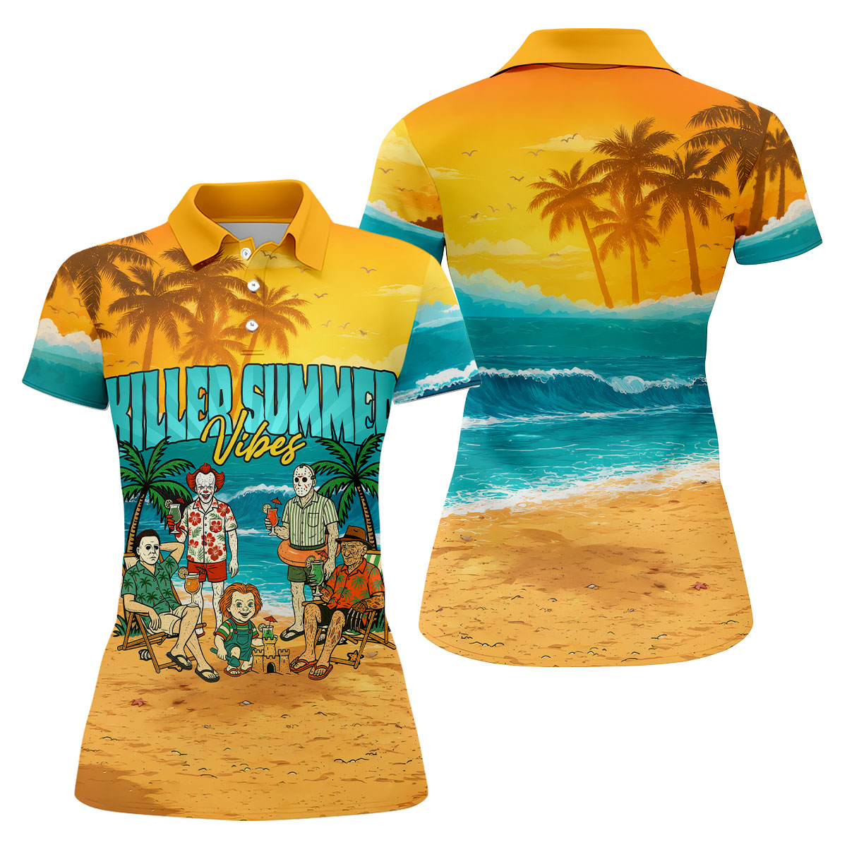 Killer Summer Vibes Horror Beach Party Golf Hawaiian Shirt, Women's Golf Polo, Ladies Golf Tops