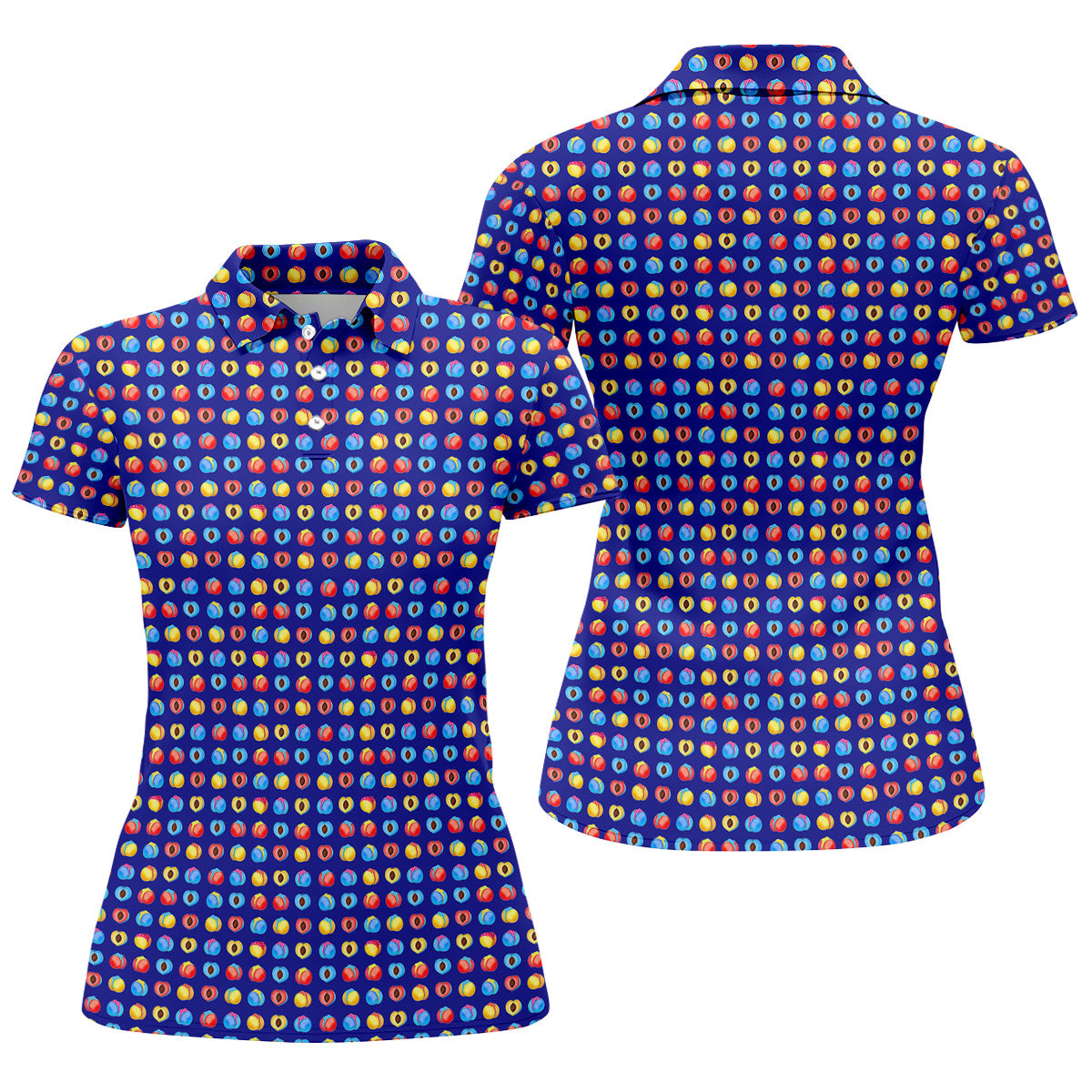 Funny Peach Emoji Pattern Golf Polo Shirt, Women's Golf Polo, Printed Golf Shirt