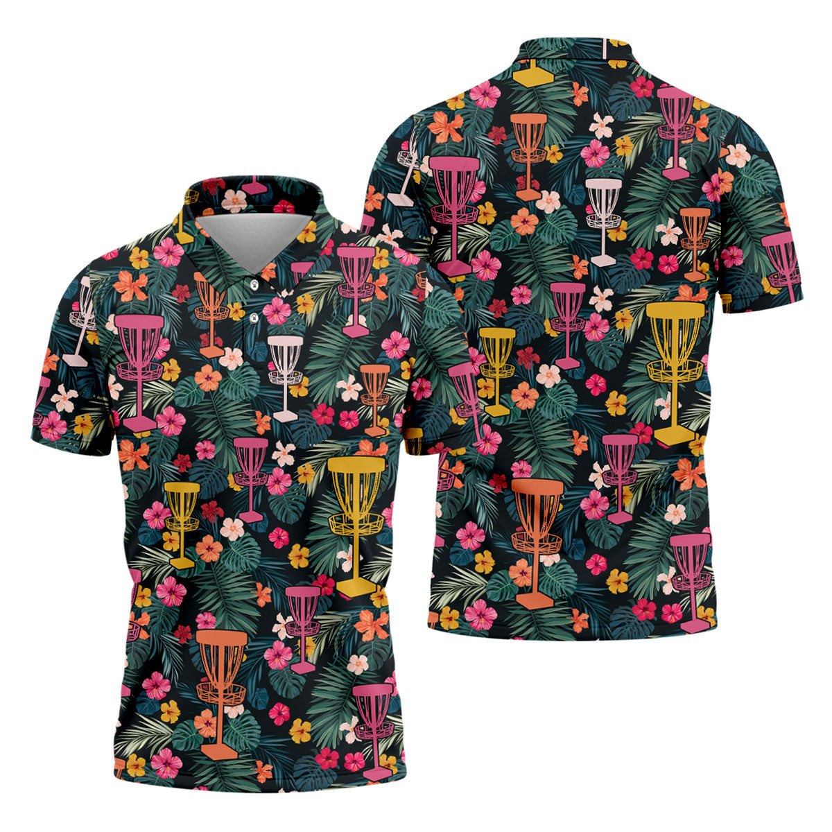 Dark Tropical Disc Golf Basket Polo Shirt, Printed Golf Shirts, Golf Apparel For Men