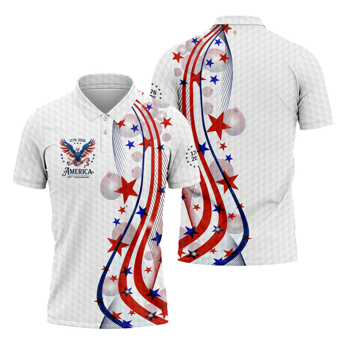 Red White Blue Wavy Stripes Bald Eagle Logo Patriotic 4th Of July Golf Shirt, 250 Years Golf Shirts For Men