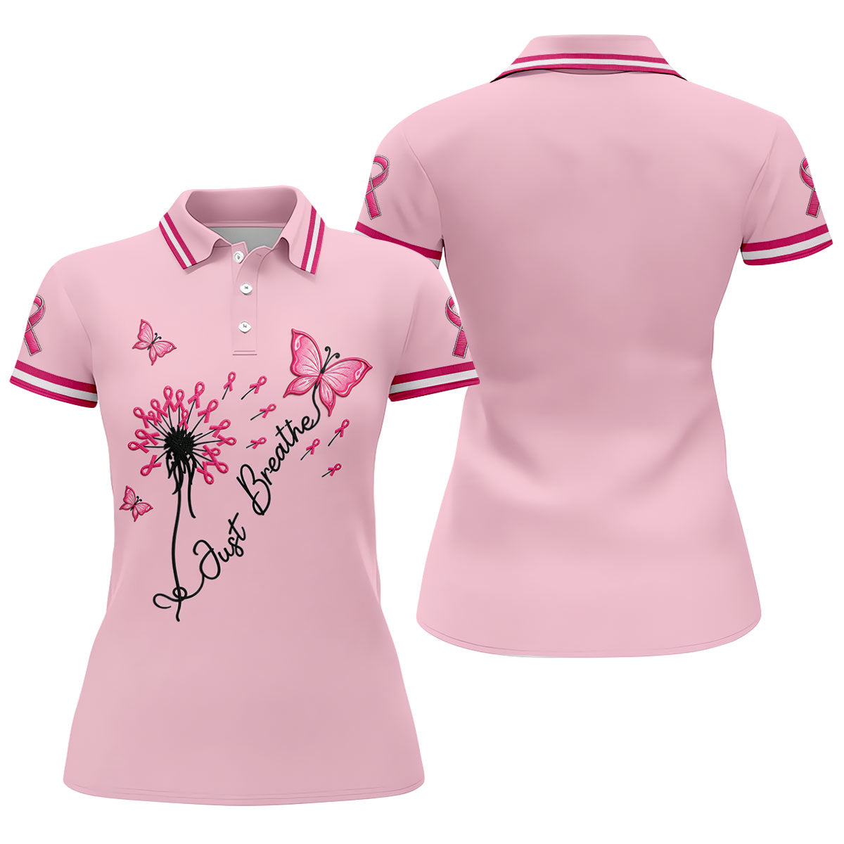 Just Breathe Butterfly Pink Ribbon Breast Cancer Polo Shirt, Golf Polo For Women