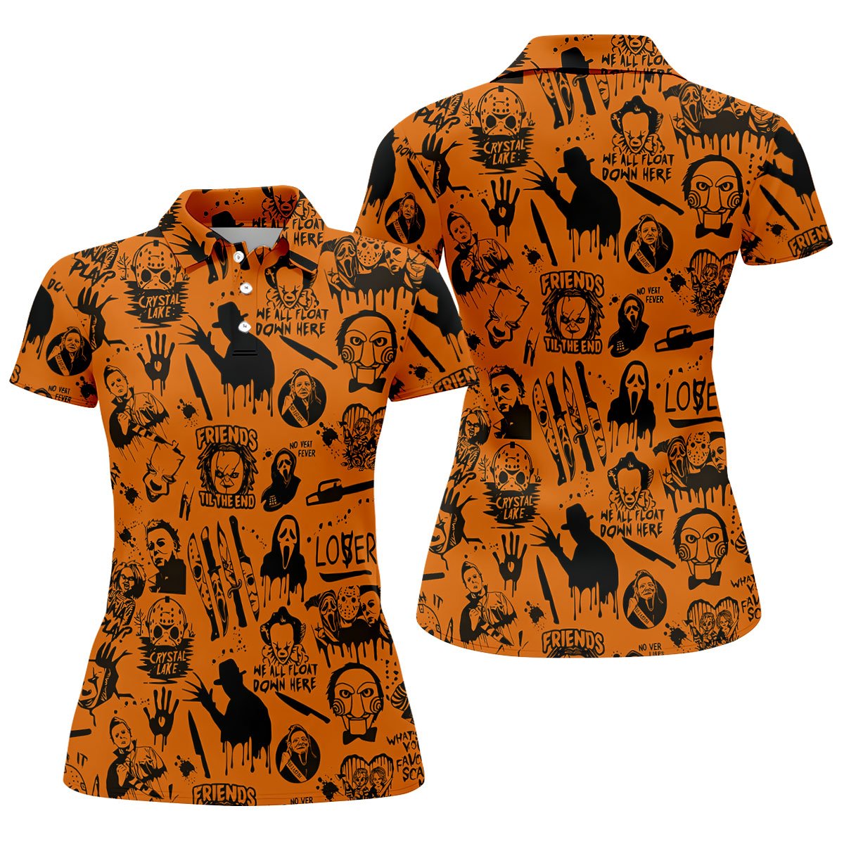 Orange Horror Character Icons Pattern Golf Polo Shirt for Halloween, Womens Golf Polo, Ladies Golf Shirts