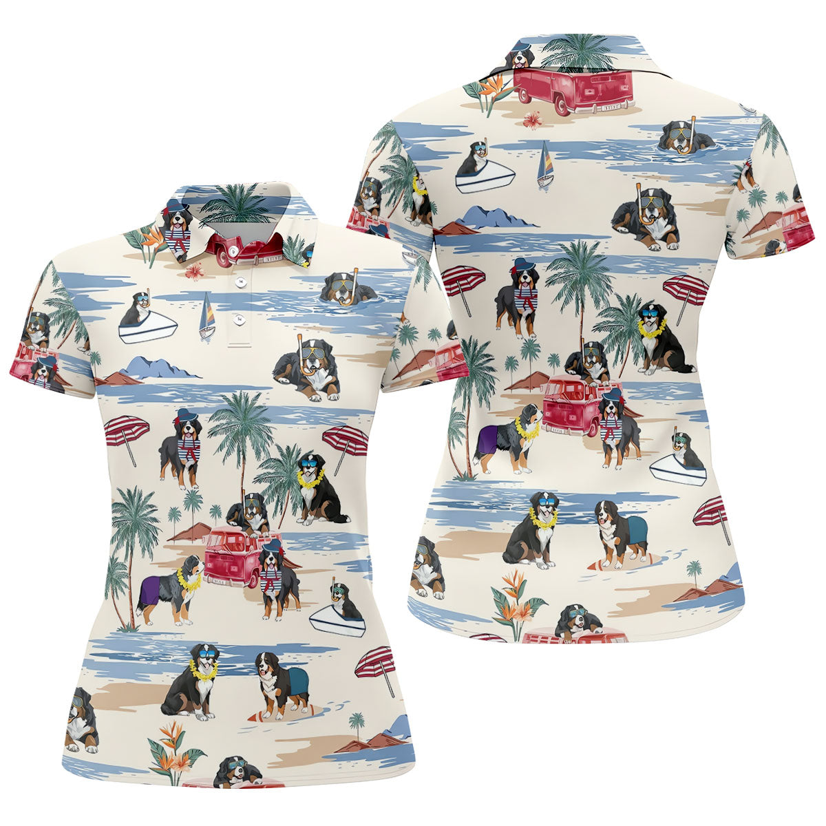 Tropical Bernese Mountain Dog Beach Hawaiian Golf Polo Shirt, Golf Polo For Women, Ladies Golf Top