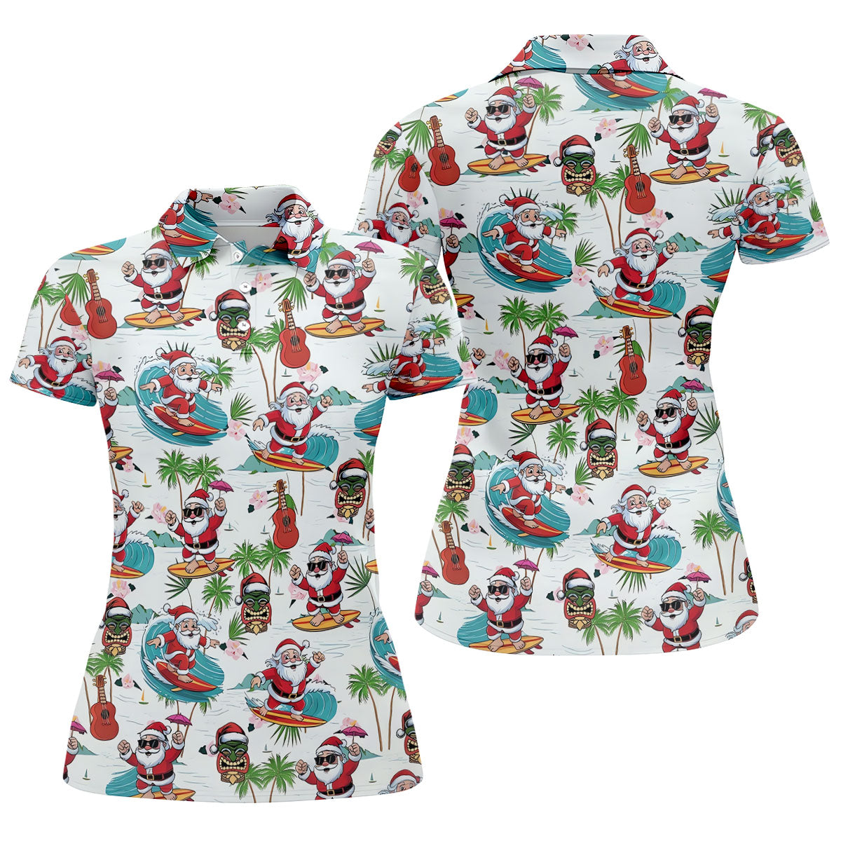 Surfing Santa Tropical Christmas Golf Shirt, Christmas Golf Shirt, Women’s Golf Polo