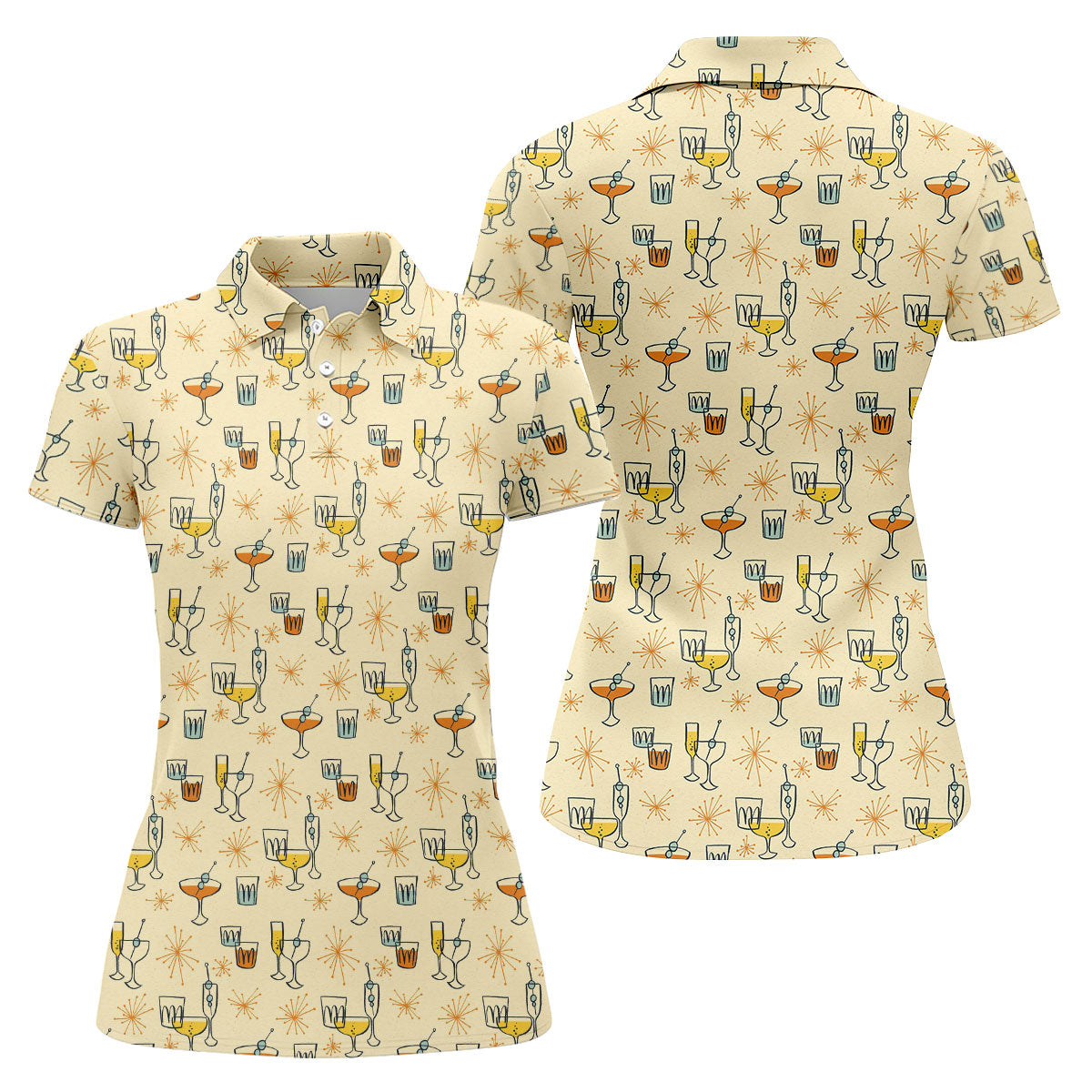 Retro Cocktail Drinks Pattern Golf Polo Shirt, Ladies Golf Tops, Performance Golf Shirt