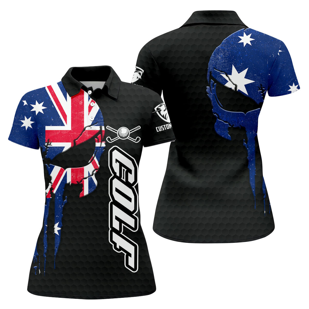 Cool Skull Golf Ball Pattern Australia Flag Print Black Golf Shirt, Golf Shirt For Women