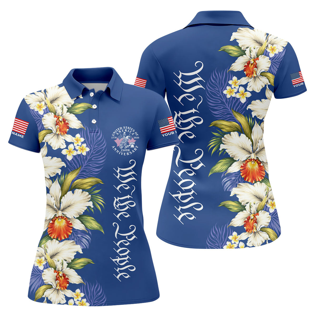We The People Floral Pattern US Flag Golf Shirt, 250 Years 4th Of July Golf Shirt For Women