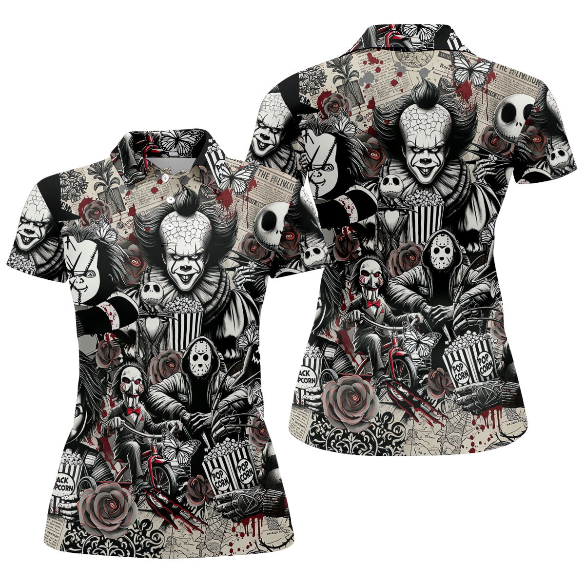 Horror Character Movie Collage Golf Polo Shirt, Women's Golf Polo, Hawaiian Golf Shirt
