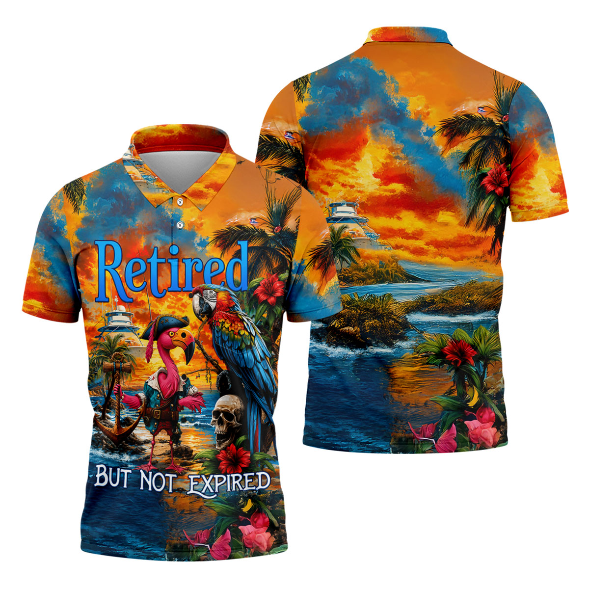 Retired Parrot Flamingo Pirate Tropical Golf Shirt, Mens Golf Polo, Hawaiian Golf Shirt, Golf Apparel For Men