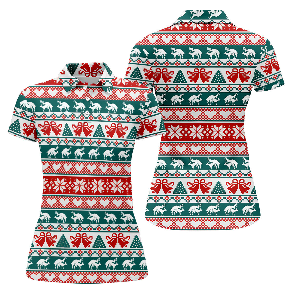 Christmas Reindeer Bells Snowflake Golf Polo Shirt, Women’s Golf Apparel, Ladies Golf Top