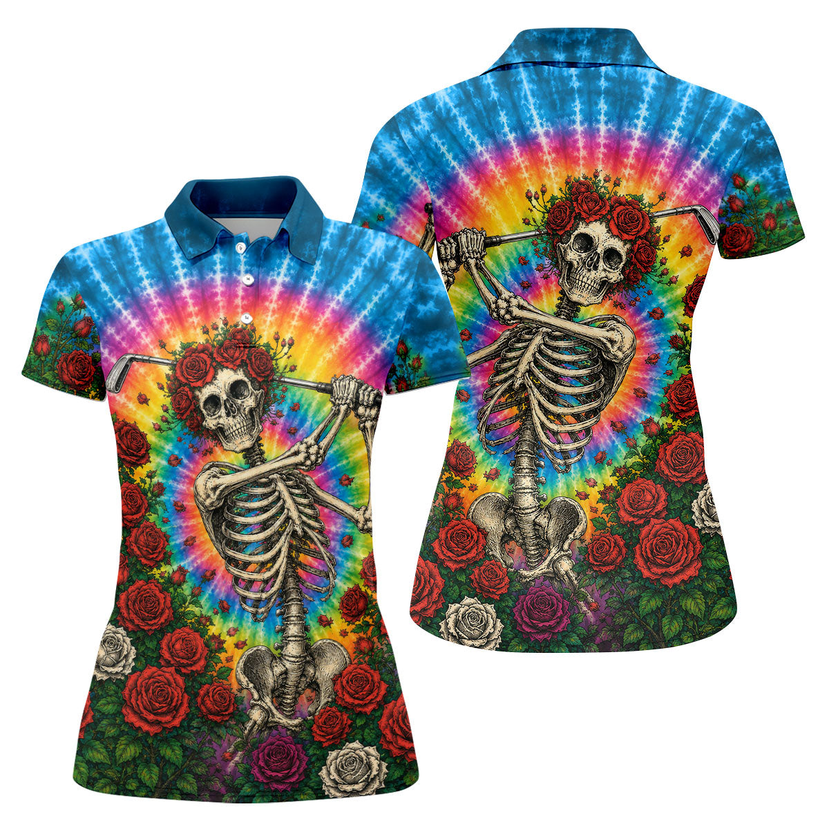 Rose Tie Dye Skeleton Golfer Halloween Polo Shirt, Womens Golf Tops, Printed Golf Shirt