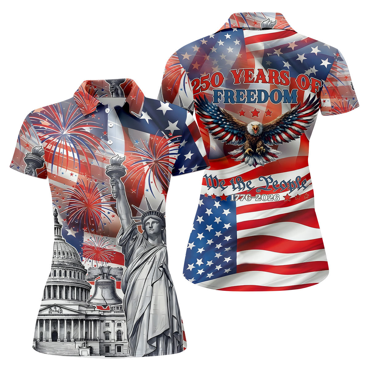 250 Years Of Freedom We The People US Flag Pattern Patriotic Golf Shirt, 4th Of July Golf Shirt For Women