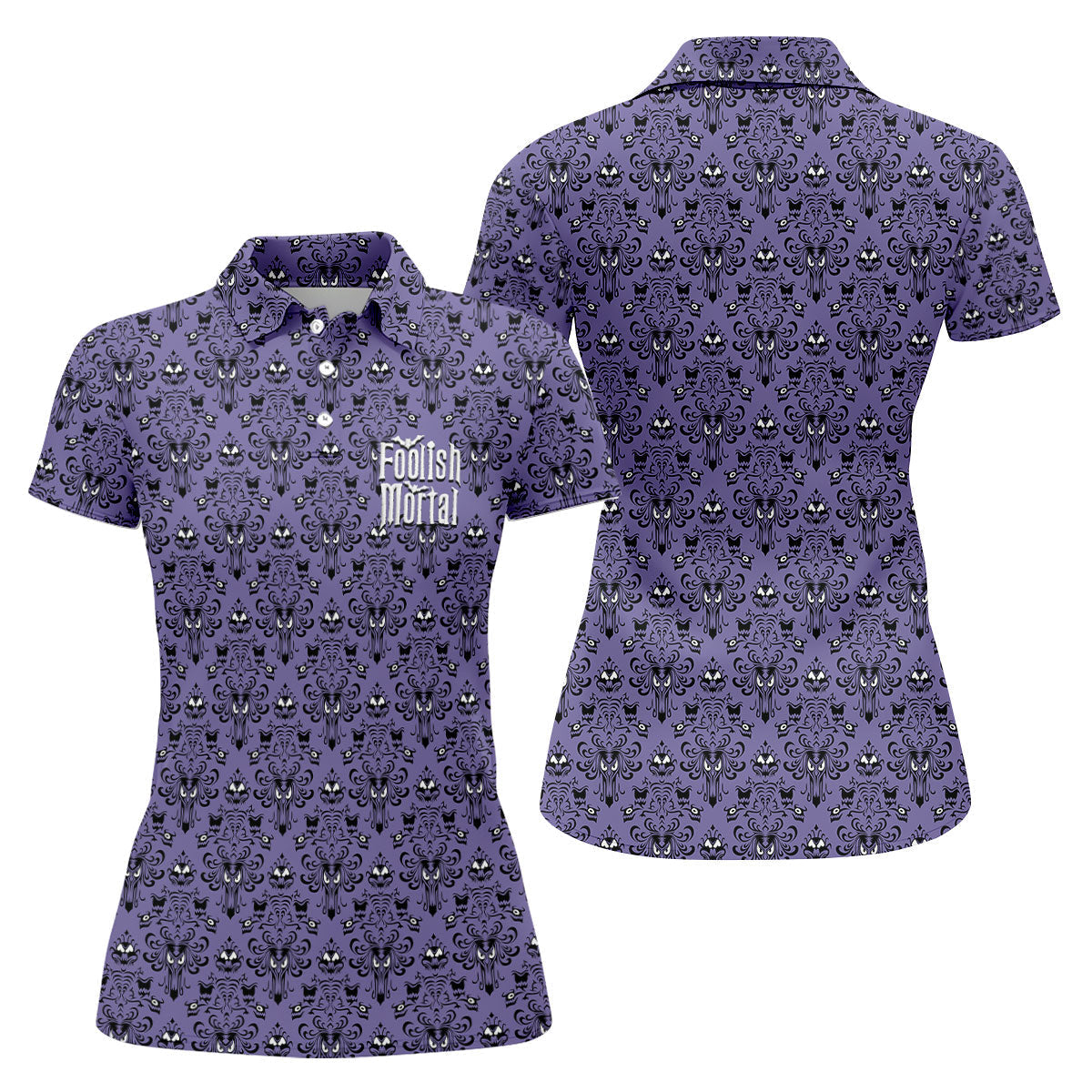 Foolish Mortal Haunted Pattern Golf Polo Shirt, Women's Golf Apparel, Halloween Shirt