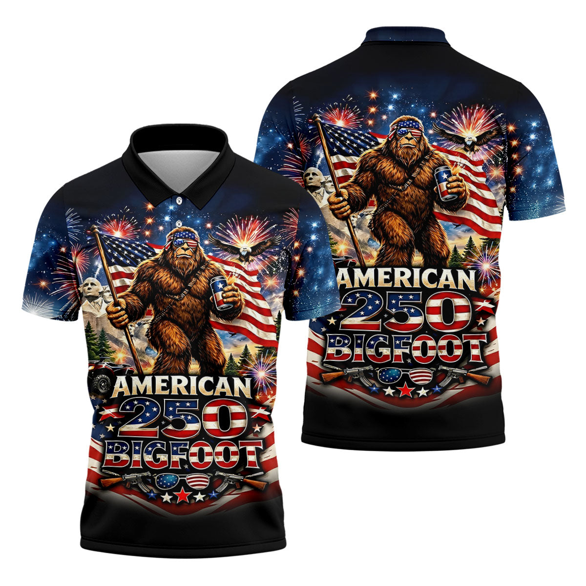 American 250 US Flag Pattern Bigfoot Golf Shirt, Patriotic 4th Of July Golf Shirts For Men
