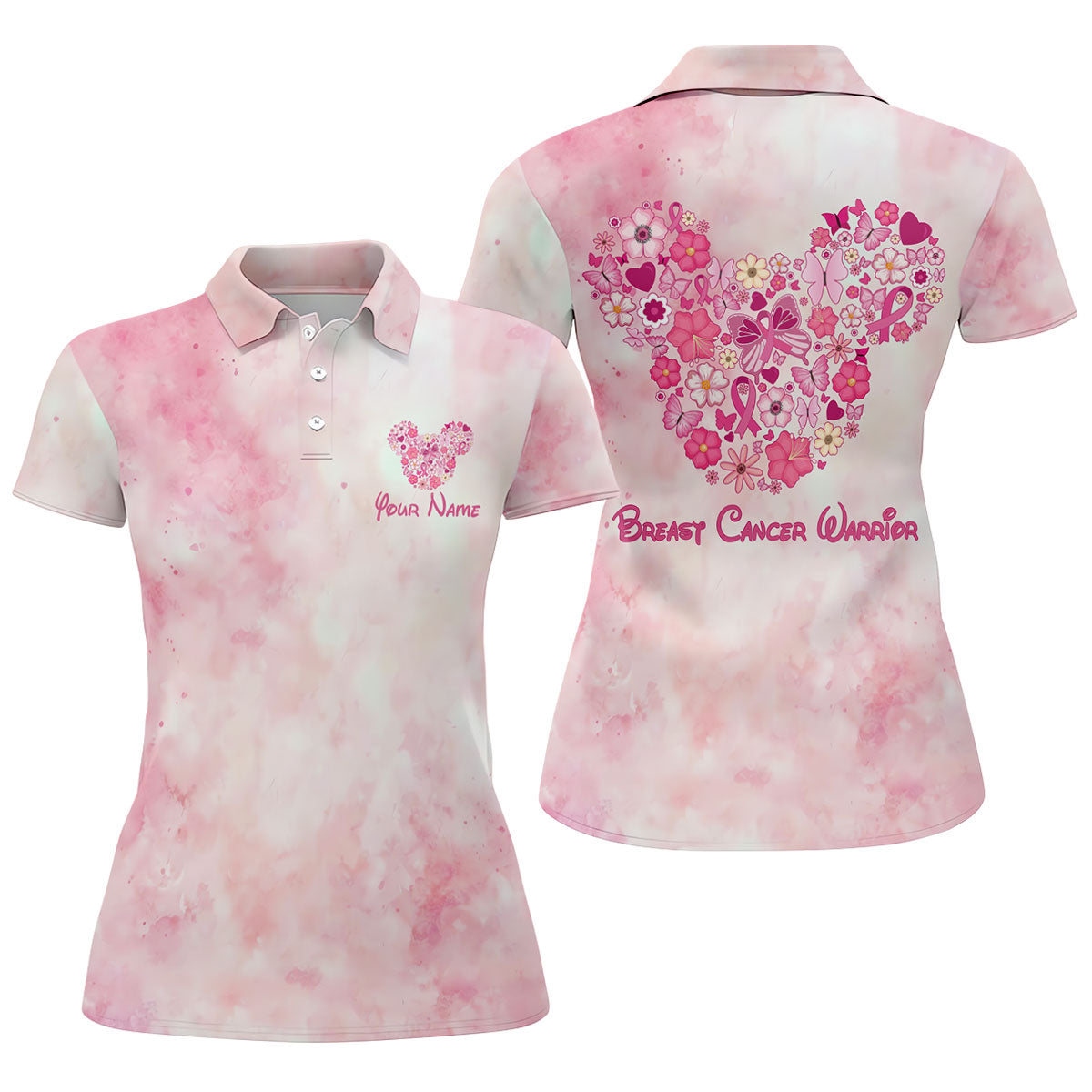 Custom Floral Heart Breast Cancer Polo Shirt, Golf Polo For Women, Women's Golf Apparel