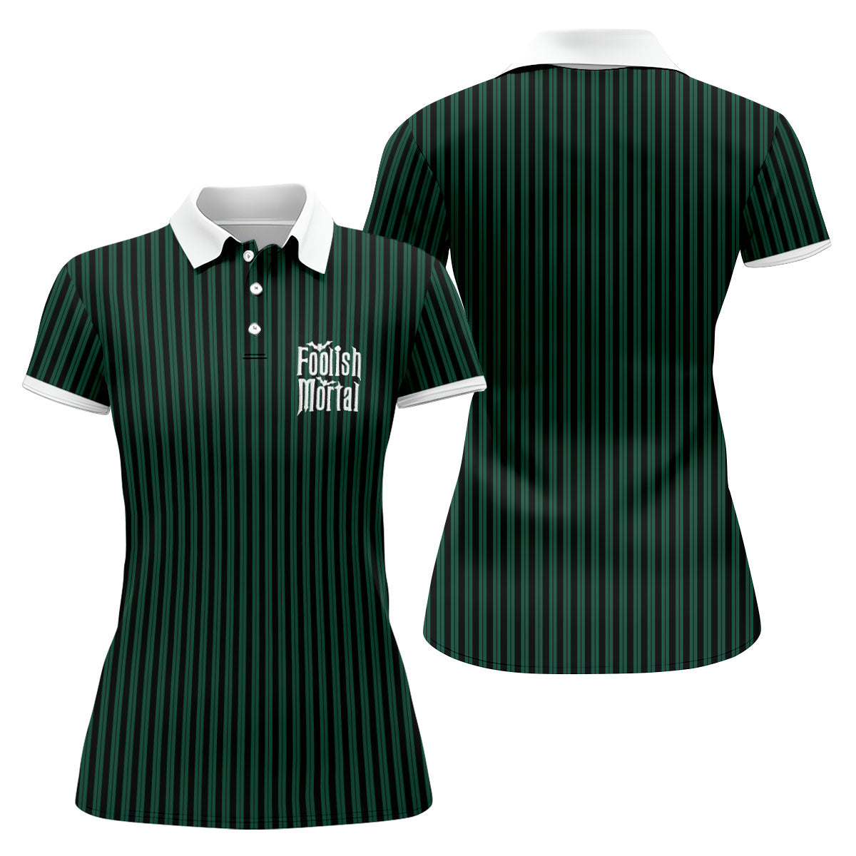 Green Foolish Mortal Striped Golf Polo Shirt, Golf Shirts For Women, Halloween Tops For Women