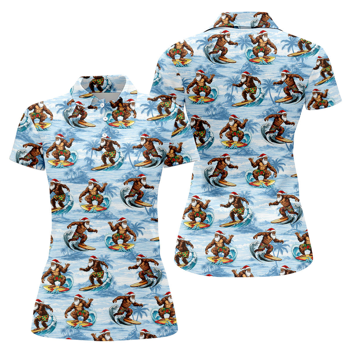 Funny Surfing Santa Bigfoot Christmas Polo Shirt, Womens Golf Polo, Hawaiian Golf Shirt