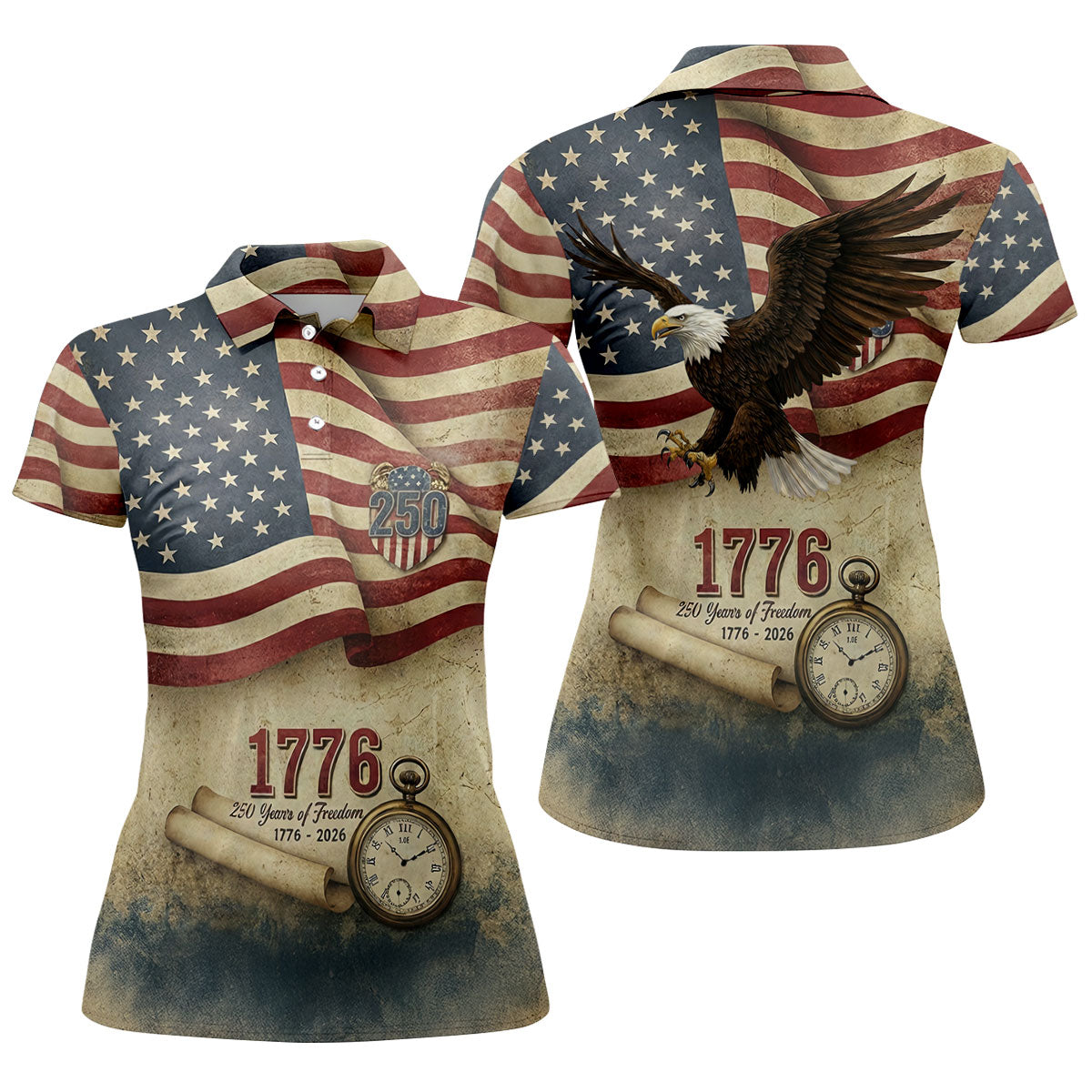 250 Years Of Freedom Vintage Golf Shirt, 4th Of July Patriotic Golf Shirt For Women