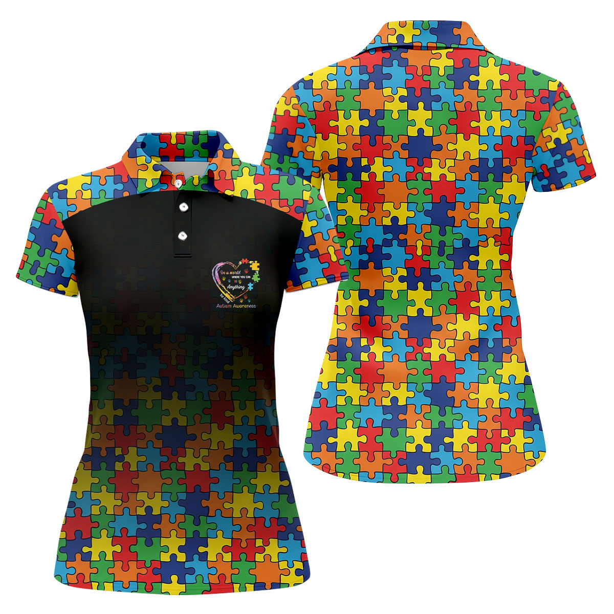 In A World Where You Can Be Anything Be Kind Autism Awareness Puzzle Pattern Black Fade Golf Shirt For Women